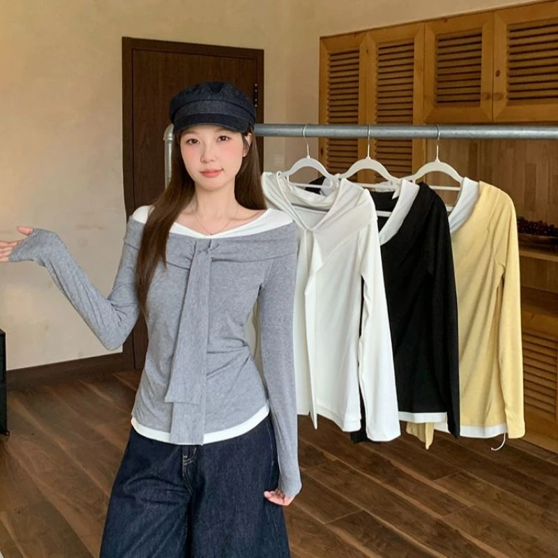 秋装新款胖mm大码女装纯欲撞色一字肩高级感显瘦长袖T恤打底衫