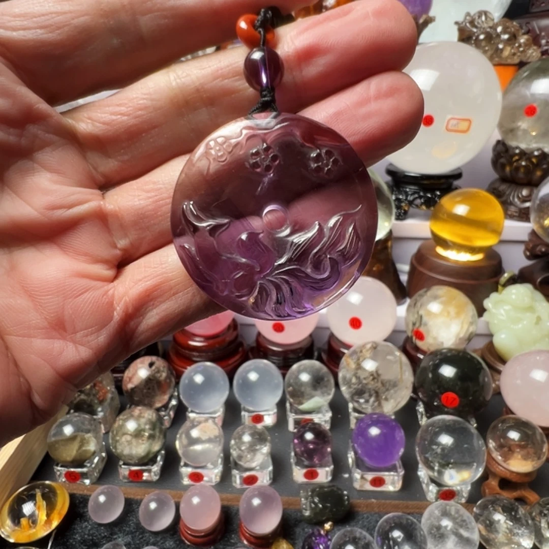 未镶嵌紫晶颈饰纯手工雕刻九尾狐平安扣