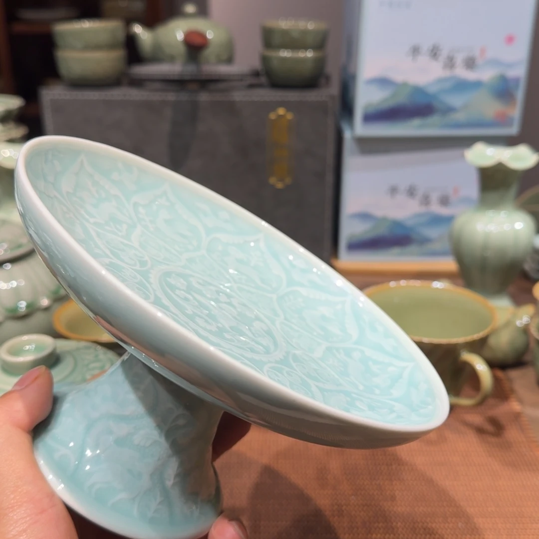 天青色大唐春高足果盘