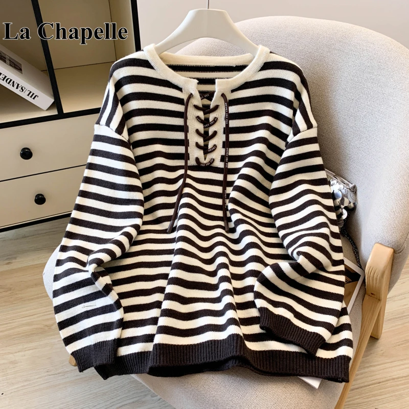拉夏贝尔慵懒风设计感绑带条纹长袖针织衫女秋冬显瘦外穿套头毛衣