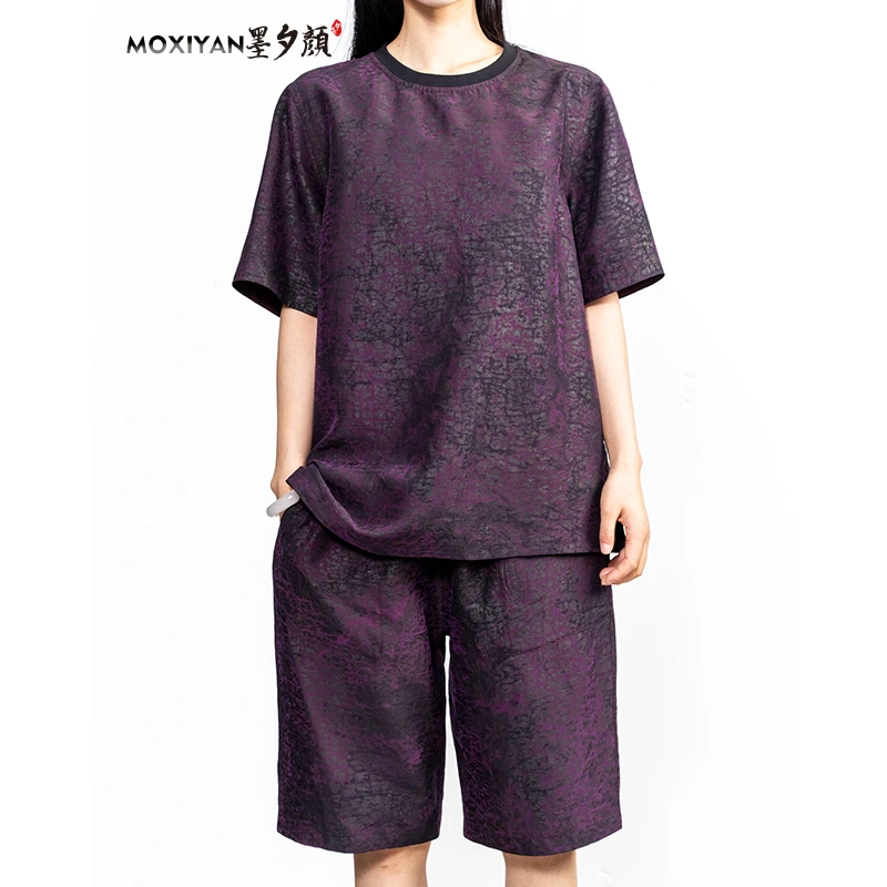 【墨夕颜】2025新款桑蚕丝紫龟扎染老料圆领短袖 两件套 - MH-903-T