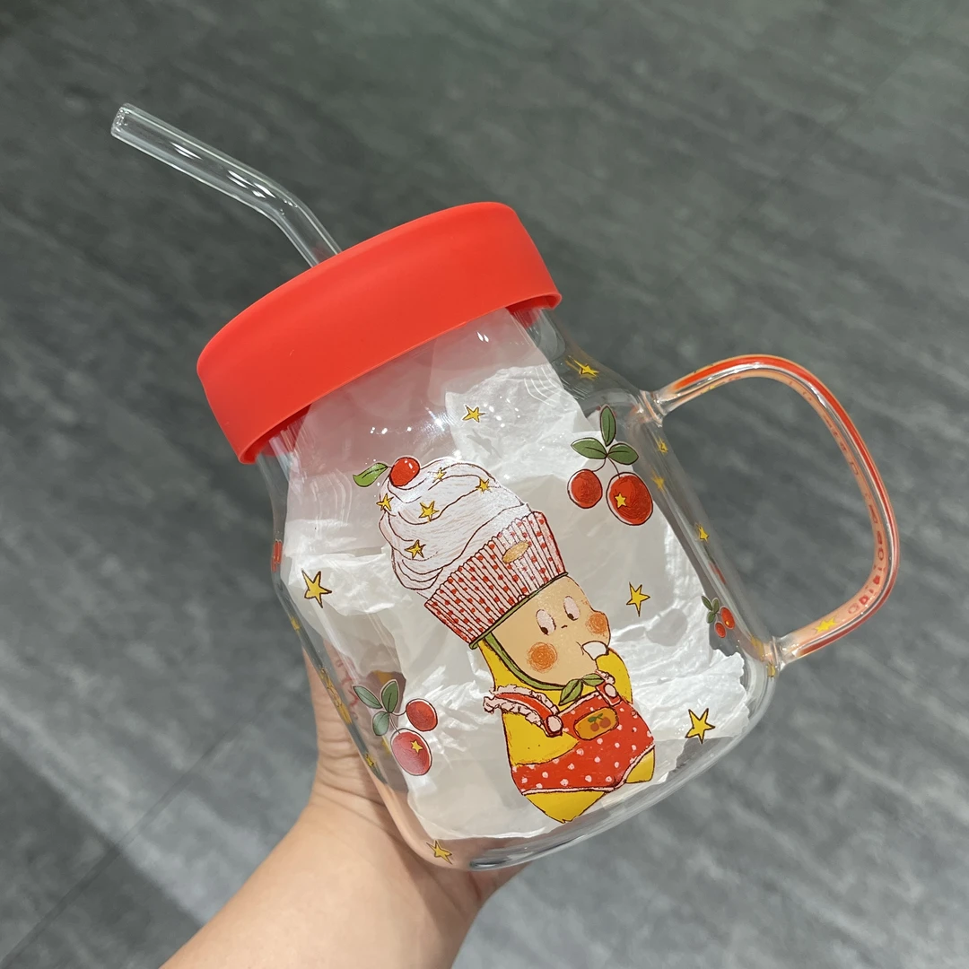 【ZY】星星人联名杯子红色樱桃蛋糕星星人玻璃吸管喝水杯子