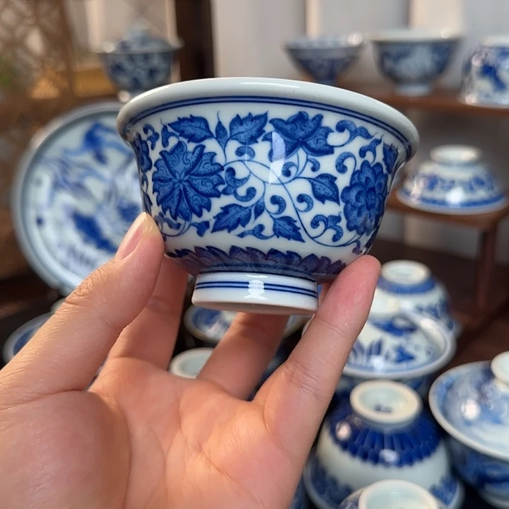 陶杯子点工缠枝莲压手杯100cc