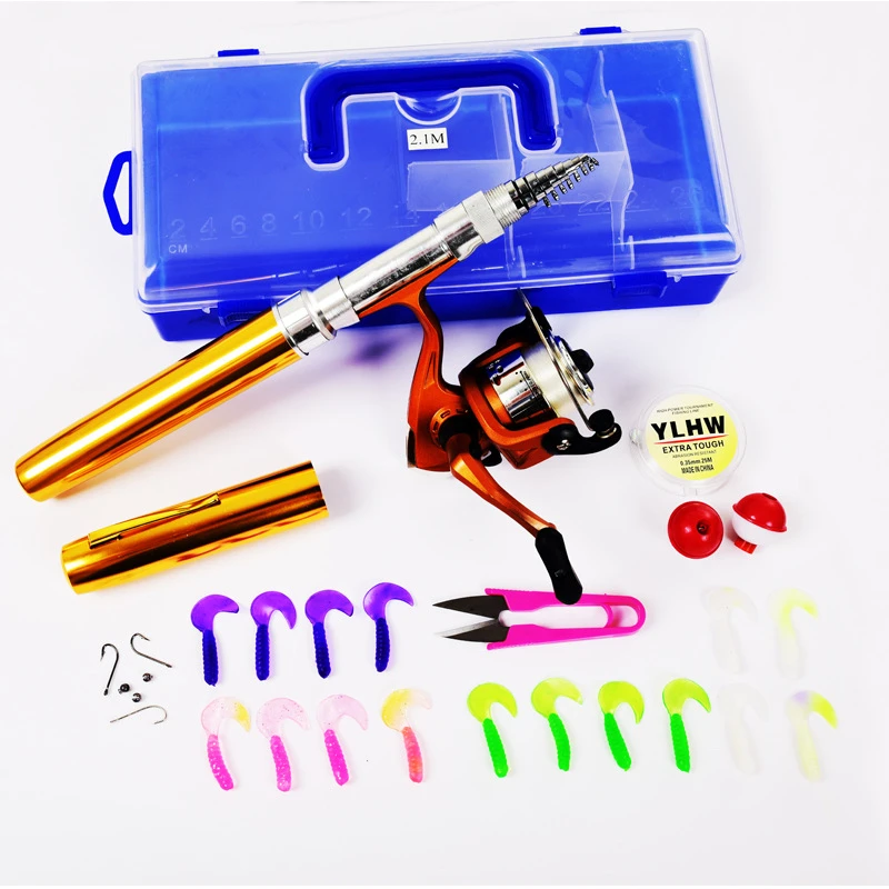 新品2.1米迷你钢笔钓鱼竿套装便携式超短海杆抛竿套装亚马逊热卖