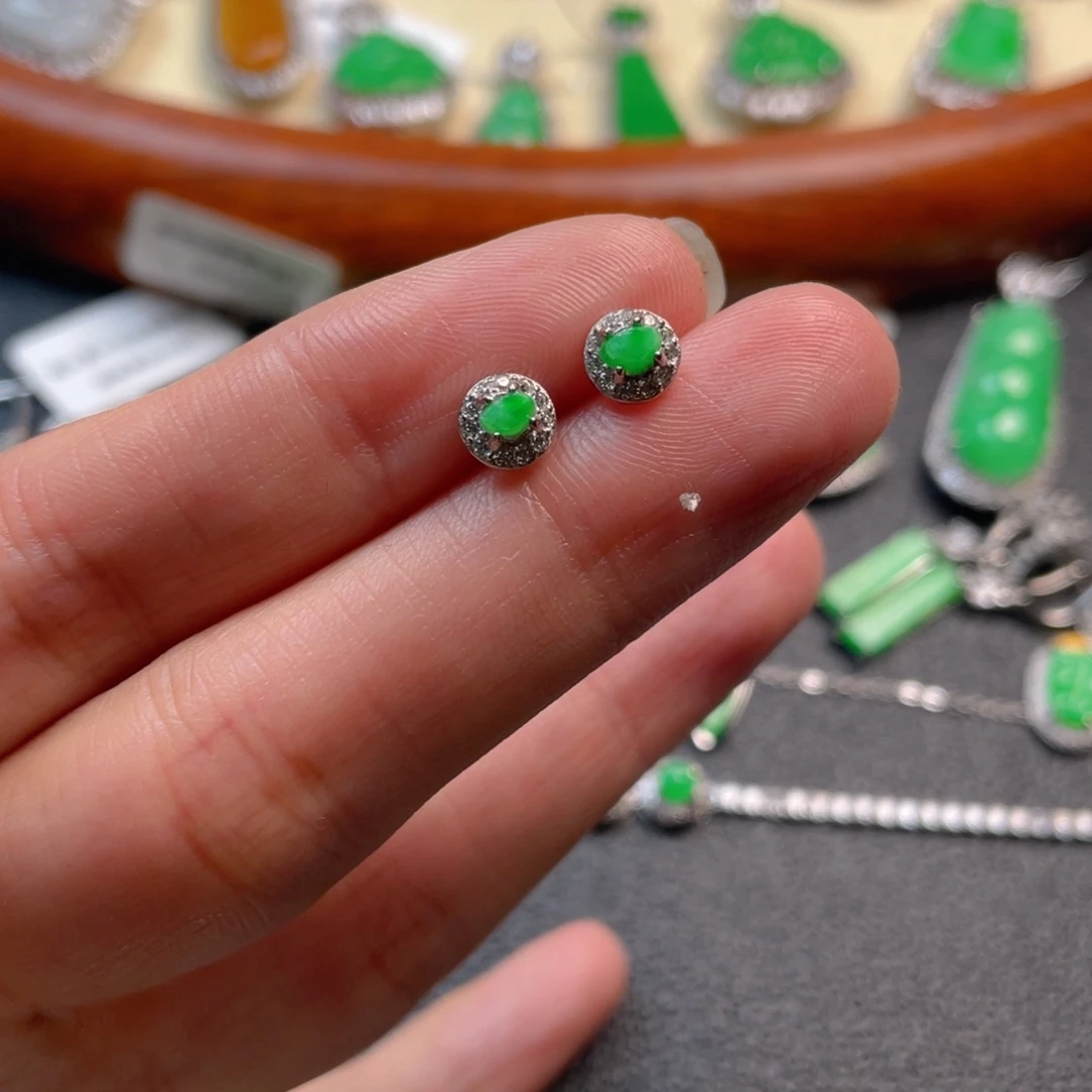 翡翠吊坠(不含链)银S925镶嵌耳钉