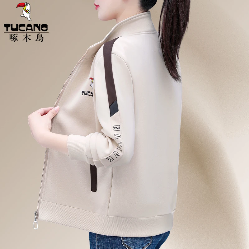 啄木鸟立领卫衣拉链外套女2025新款春秋宽松休闲短款女士春季上衣