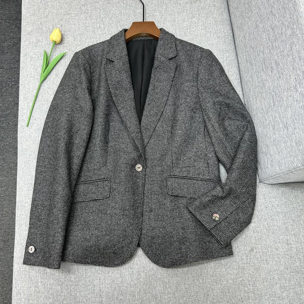 高货精品 羊毛千鸟格纯色贝壳扣女士小西装西服外套