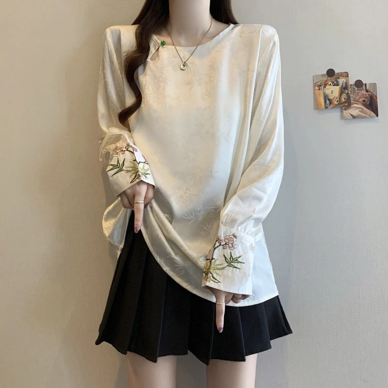 大码高级感正肩长袖T恤女春秋胖mm宽松显瘦新中式国风打底衫上衣