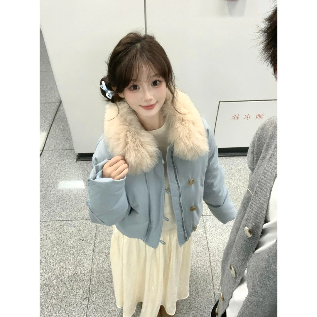 卡斯托镇洋气两色狐狸毛领服通勤显瘦韩系短款外套秋冬