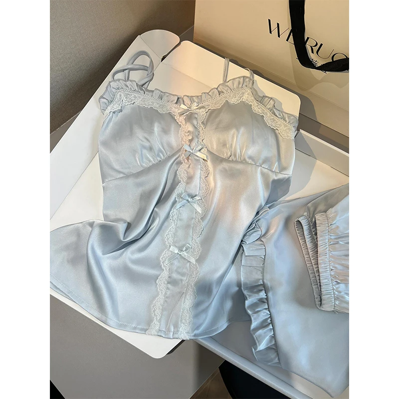 【纯色蕾丝边】韩系甜美性感冰丝睡衣女夏季新款吊带短裤家居服套装