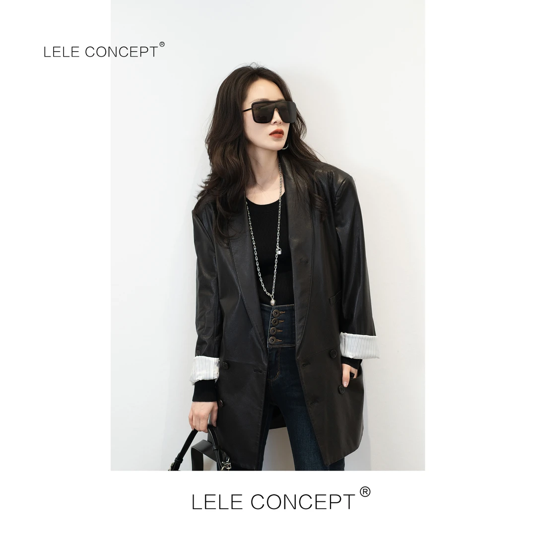 LELE CONCEPT丨「夭夭」轻奢高级感翻袖腰带皮衣P0021