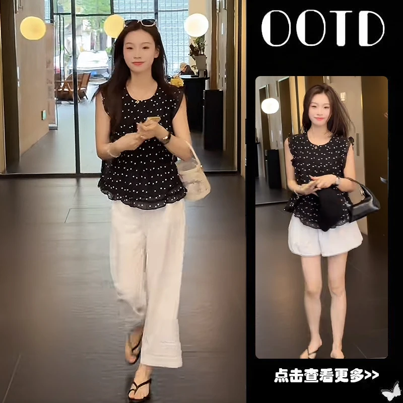 超火夏季穿搭一整套女2025新款韩版无袖波点衬衫高腰阔腿裤两件套