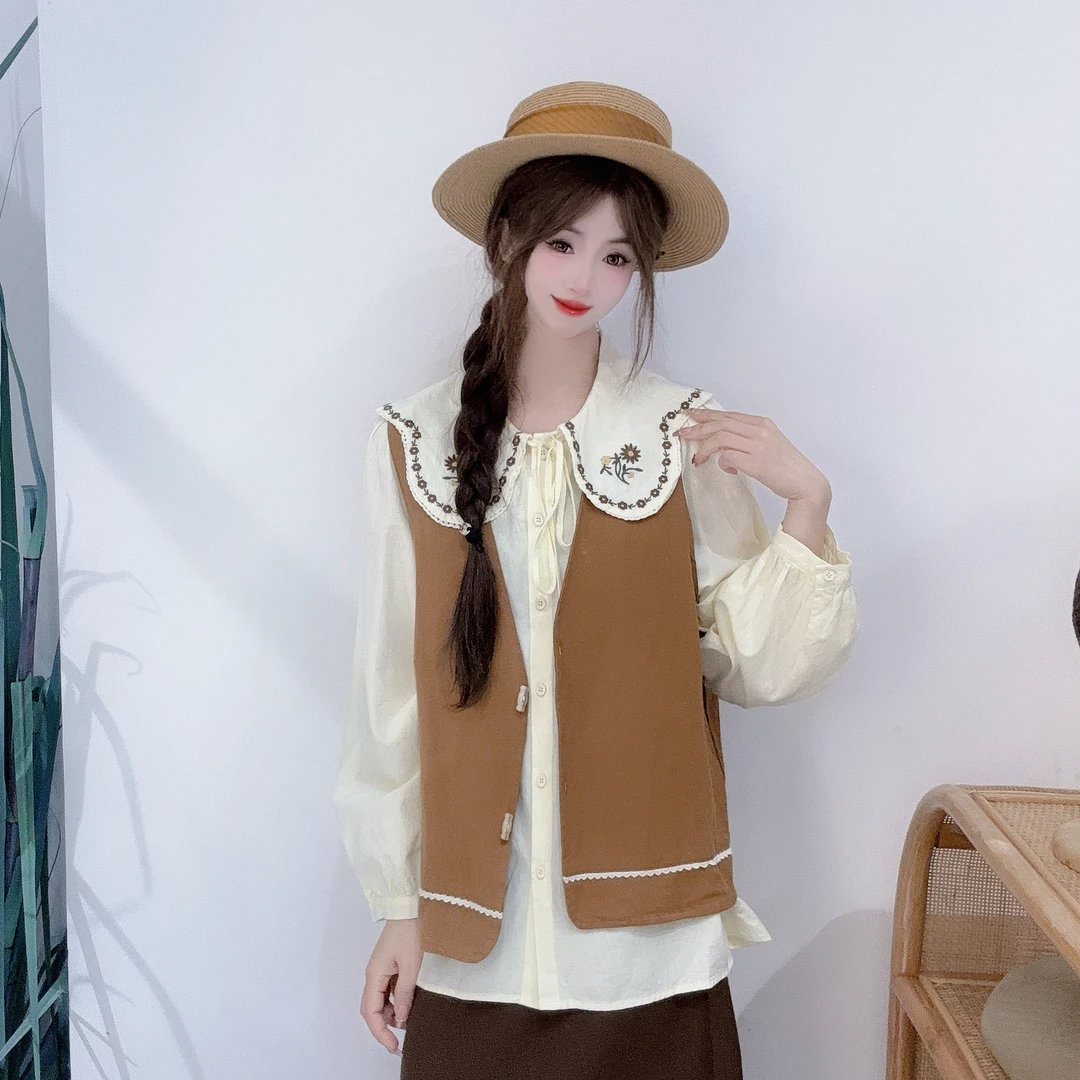 EC40522672日系文艺风V领咖色焦糖色'时尚减龄简约百搭棉质小马甲