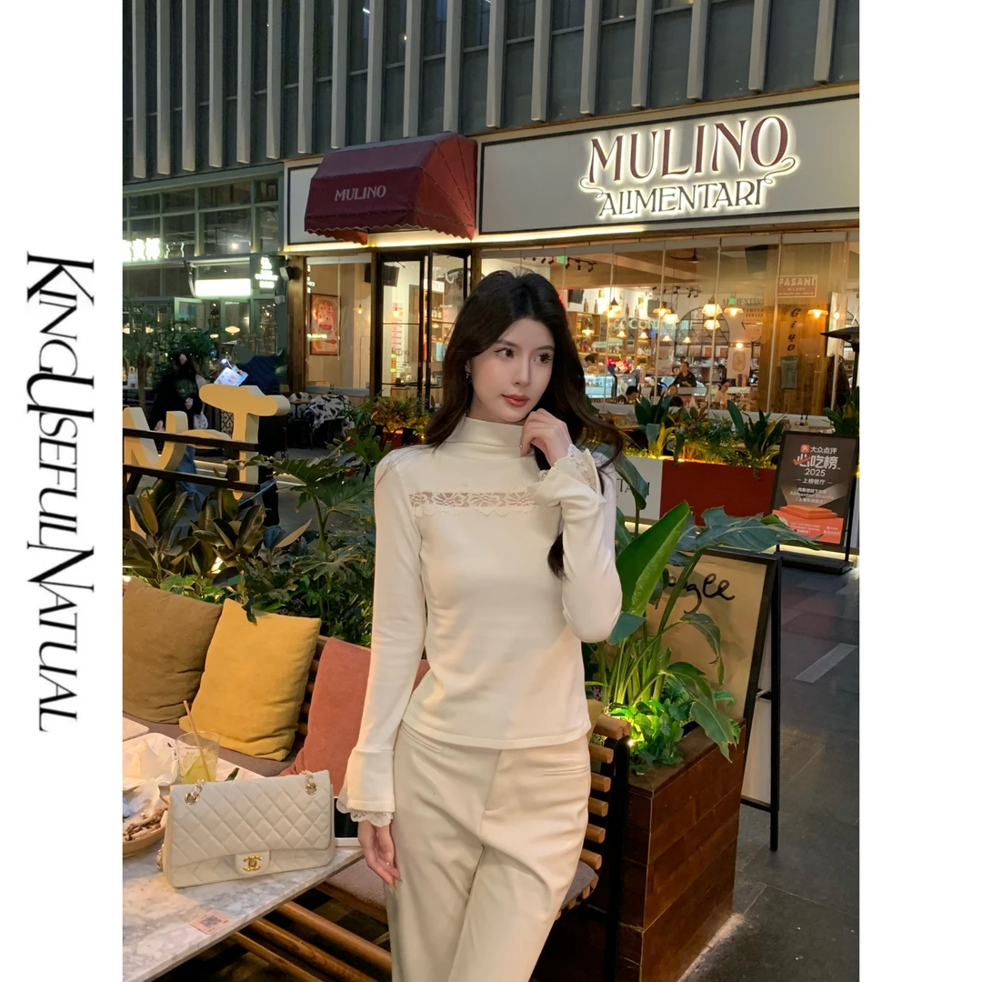 KUN【素颜】视觉焦点 羊毛棉混纺秋冬百搭柔和米色高领打底上衣