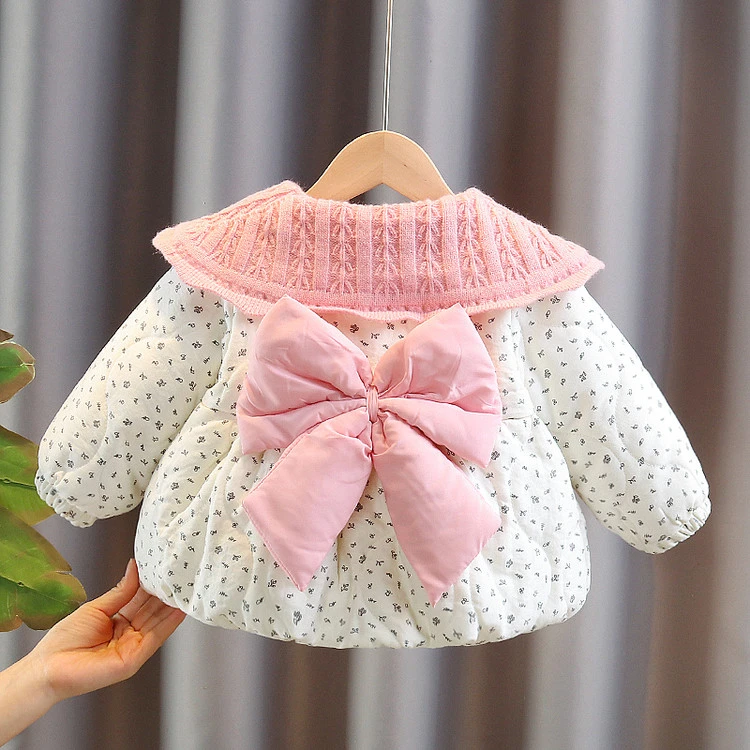女童冬季蝴蝶结加绒加厚棉服外套婴儿童装女孩女宝宝冬装棉袄洋气