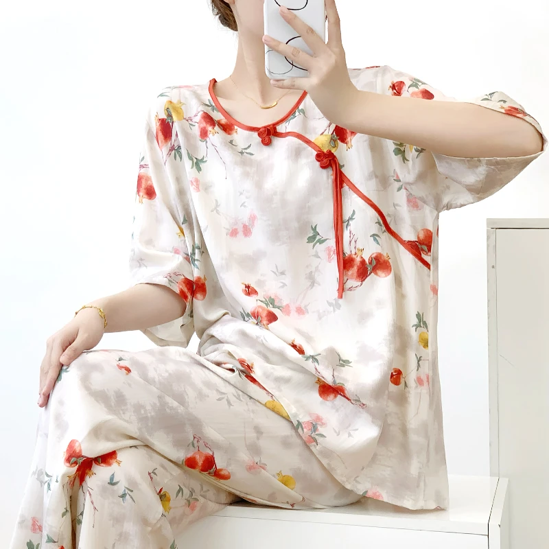 短袖睡衣女夏国风新中式绵绸薄款圆领套头棉绸复古风家居服可外穿