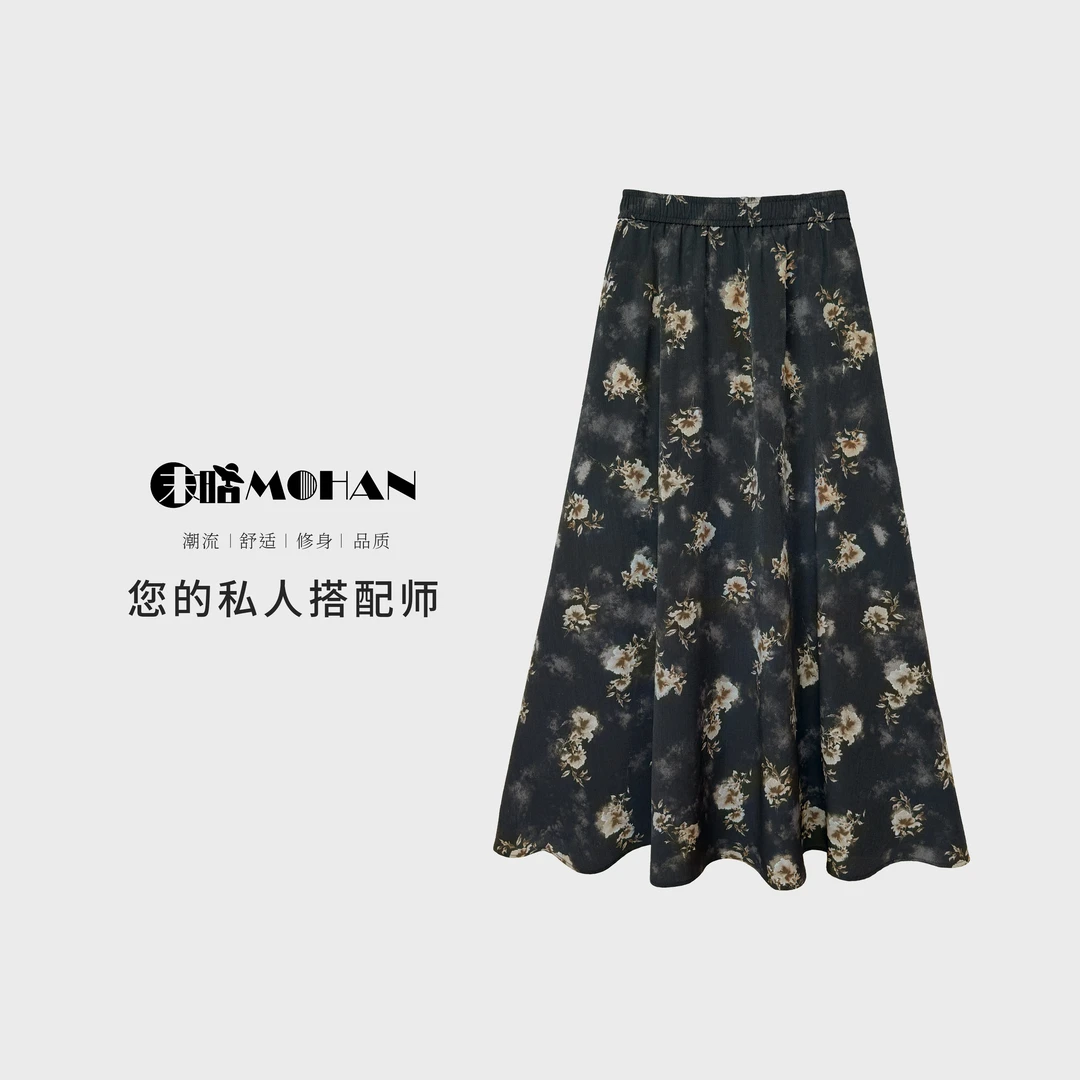 【浮光纪】复古印花半身裙时尚百搭显高显瘦气质牛筋腰侧口袋碎花新