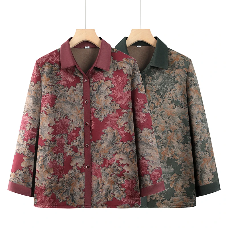 F115 妈妈装春秋款衬衫中老年女纽扣开衫上衣外套奶奶气质显衬衣