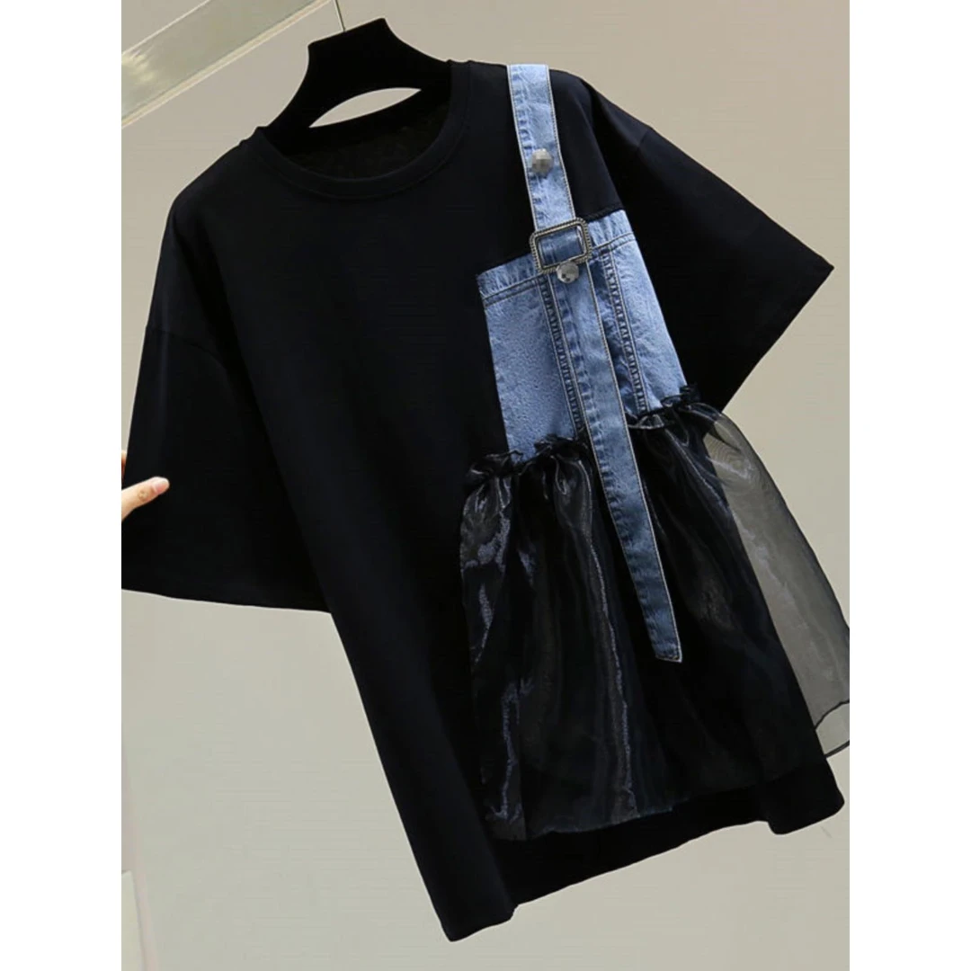 特大码300斤韩版潮流设计感短袖t恤男款夏季别致体恤拼接百搭上衣