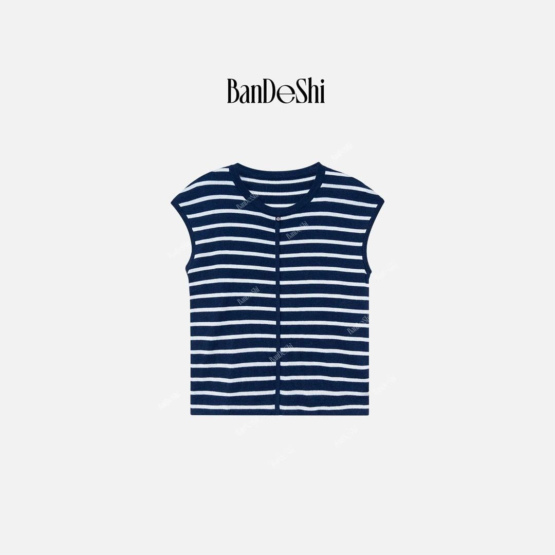 【C3049】班德施-夏装韩系小飞袖宽松圆领针织衫女撞色条纹上衣SS