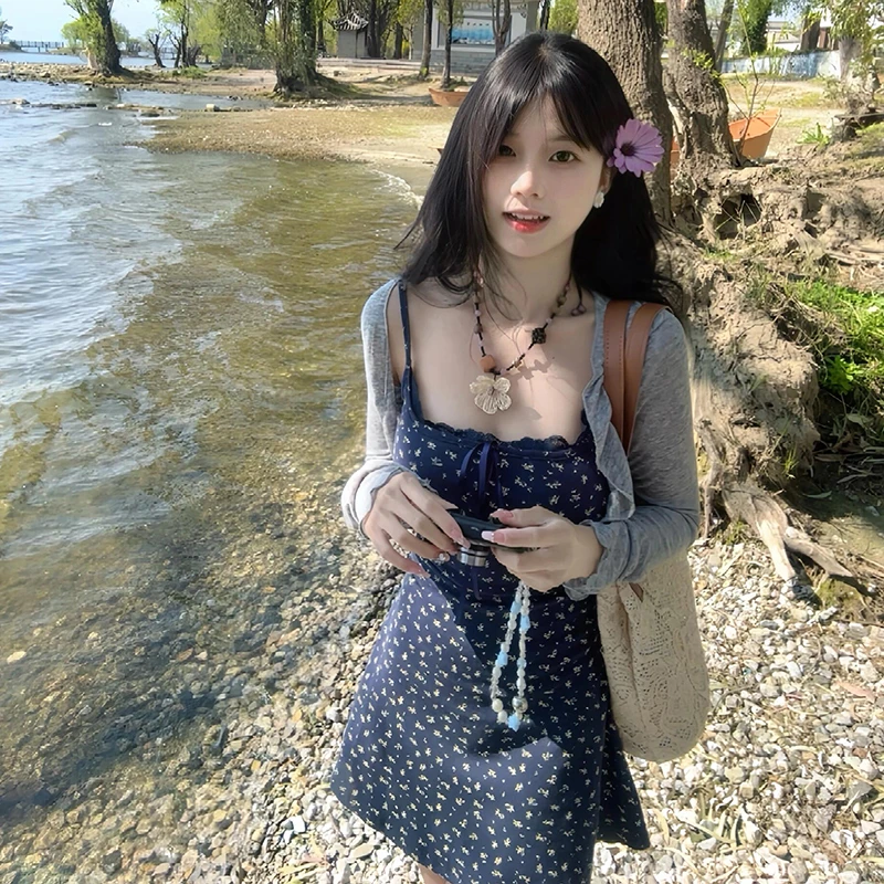 网红洋气炸街女装法式开衫碎花吊带裙套装两件套爆款2025新款3291