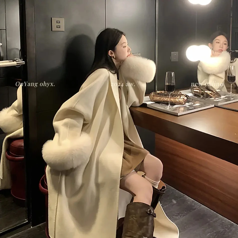 秋冬毛呢外套大衣纯山羊绒双面呢开衫外套呢子秋冬季毛呢韩版过膝