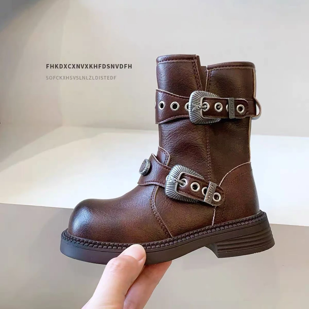 单/棉儿童靴子2025新款美拉德骑士靴女童短靴英伦风中筒男童西部