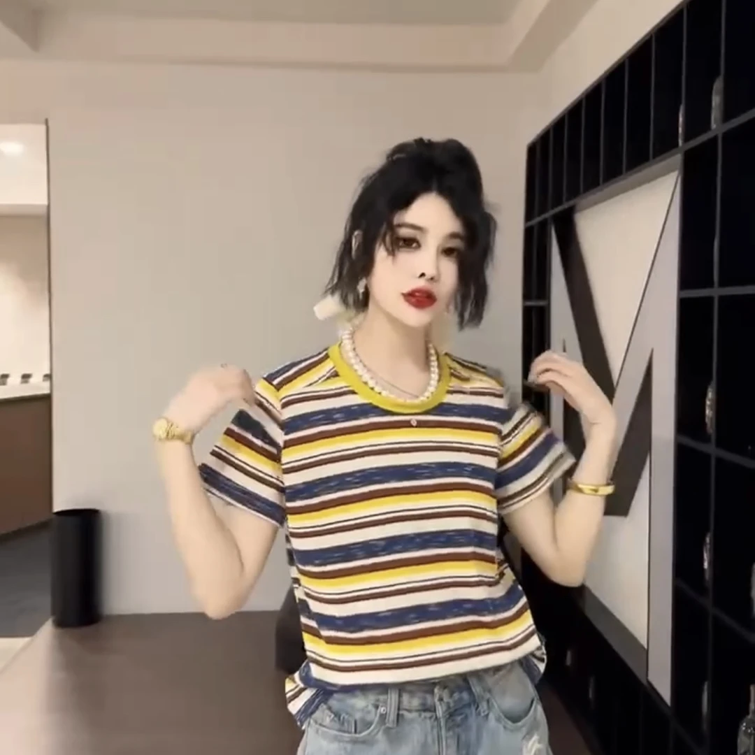 夏季彩色条纹短袖T恤宽松圆领百搭舒适遮肉上衣