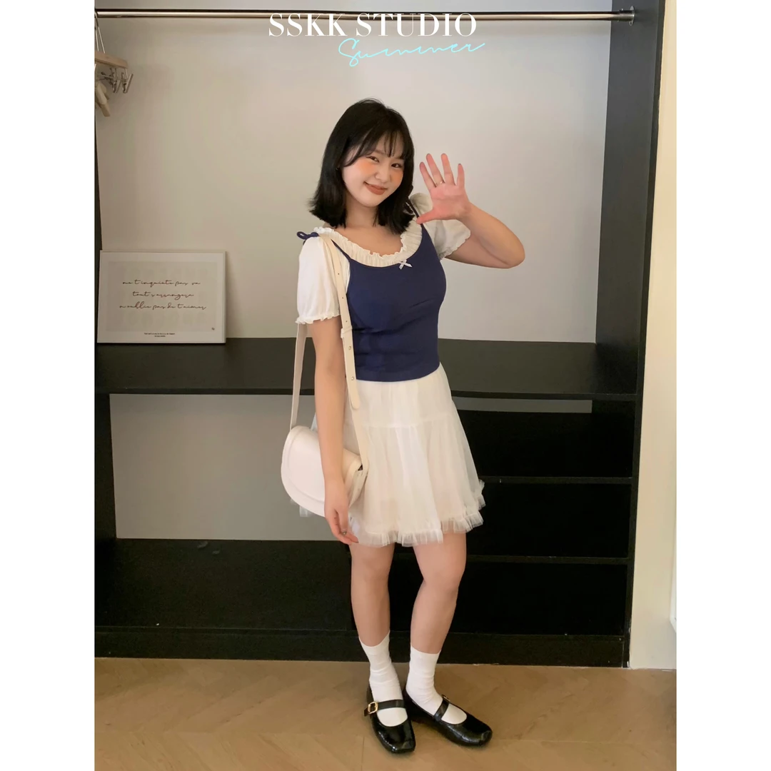 KMZY/KMZY山_山【初代甜妹】微胖韩系甜美元气高腰网纱蓬蓬芭蕾裙女