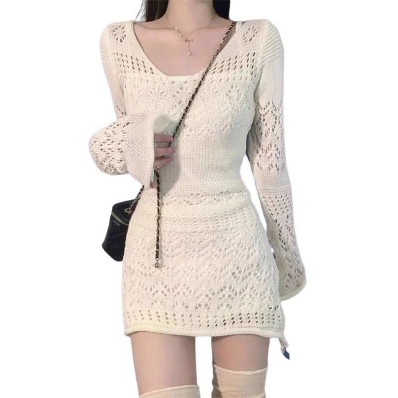 气质显瘦时尚性感短款修身网红洋气纯欲连衣裙高级感镂空针织连衣