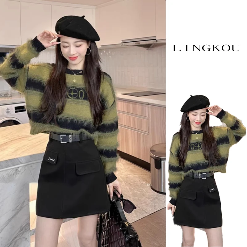 冬季套装女2025新款轻熟风复古条纹针织毛衣半身短裙设计感两件套