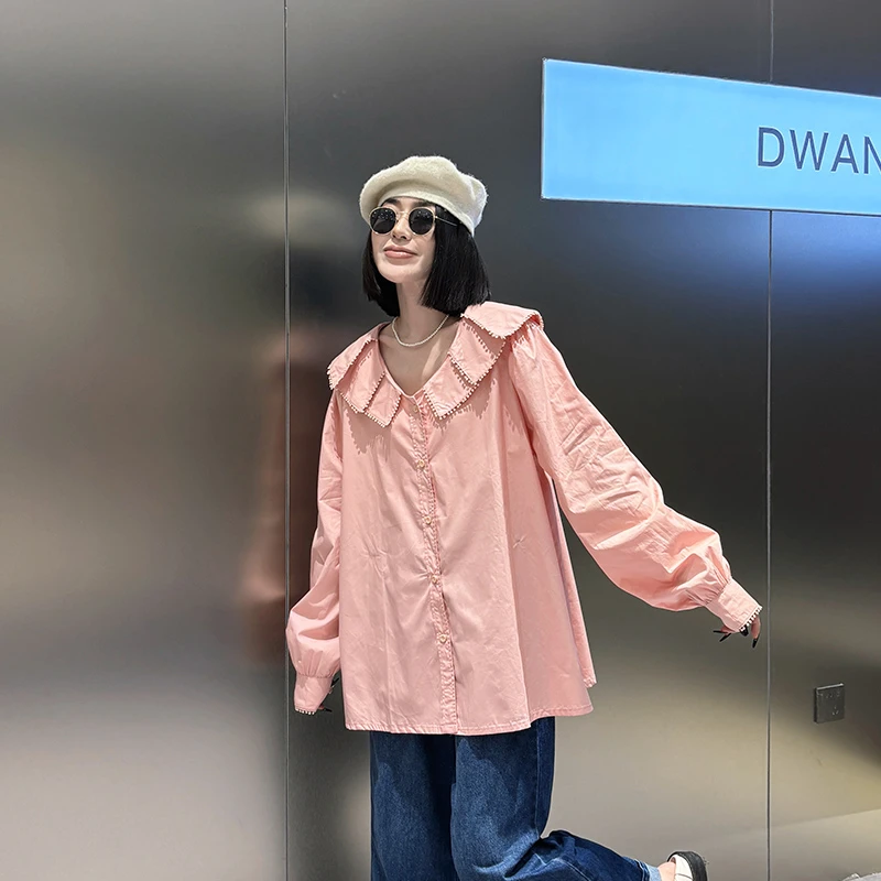 大码女装娃娃领长袖衬衫胖mm220斤时尚减龄显瘦上衣2025春季新款