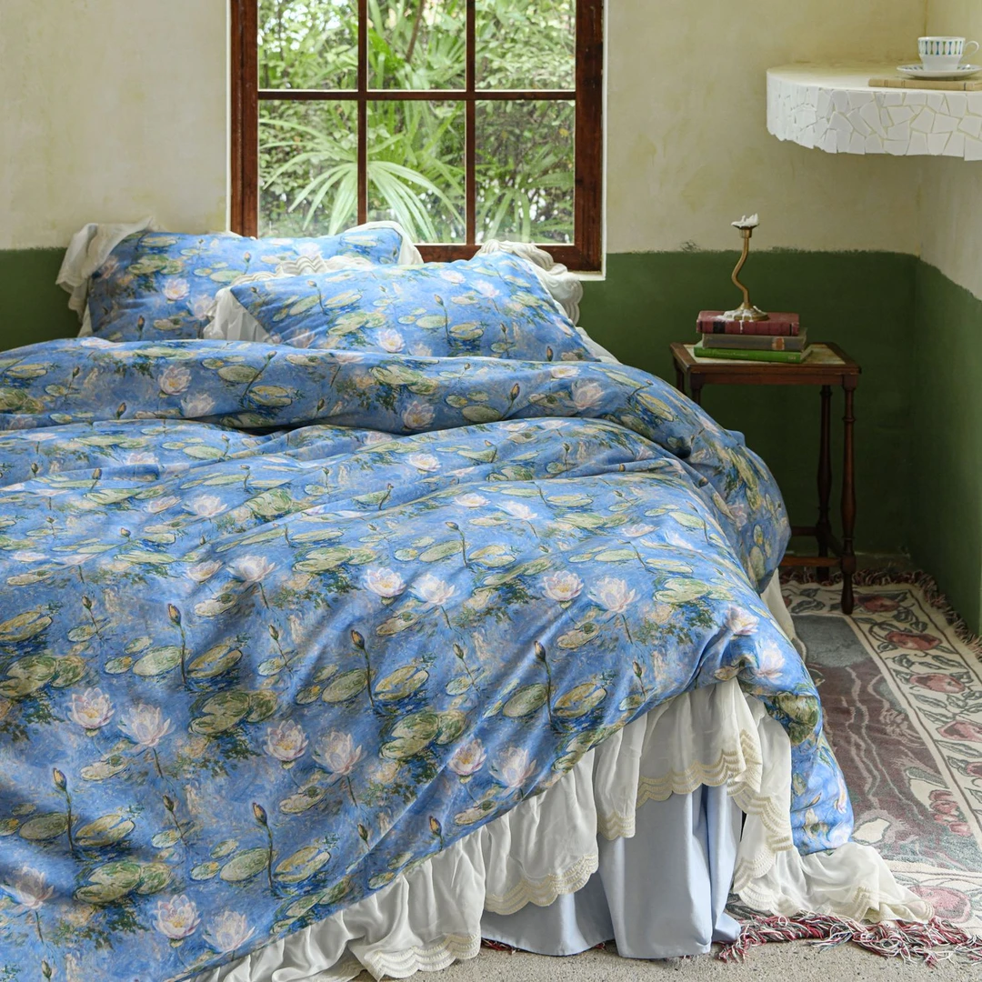 十七【仙仙蓝】法式油画风baby蓝全棉贡缎磨毛床裙四季款四件套