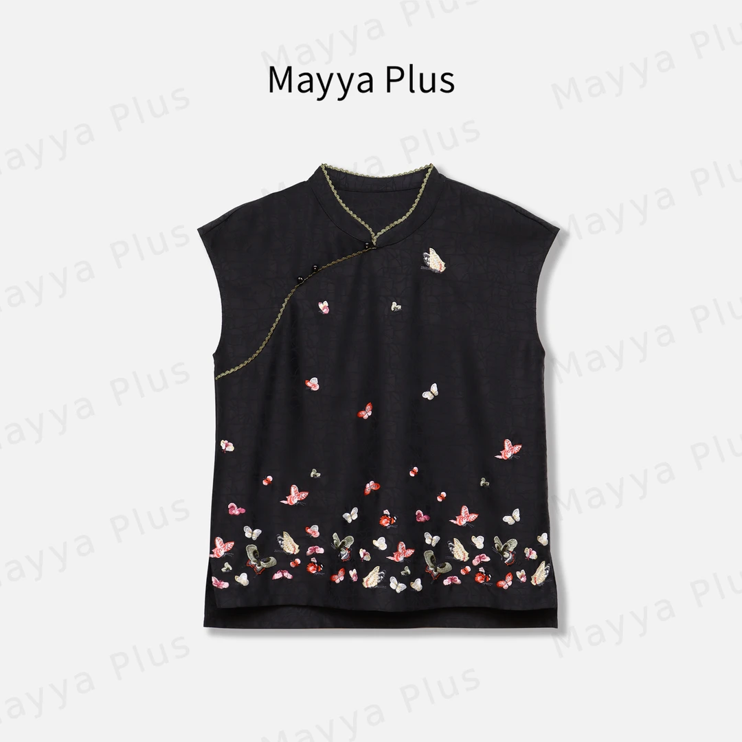 【天香引蝶】Mayya Plus麦芽定制国风刺绣黑色小衫短袖上衣32528537