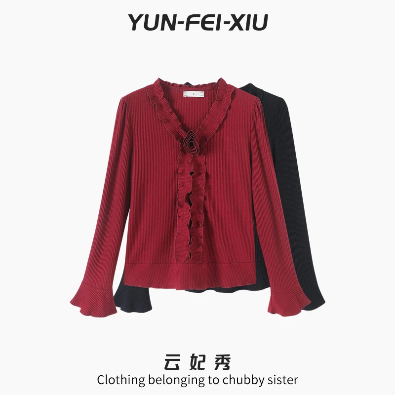 云妃秀大码女装小衫时尚立体玫瑰花边胖妹妹上衣显瘦秋季68211