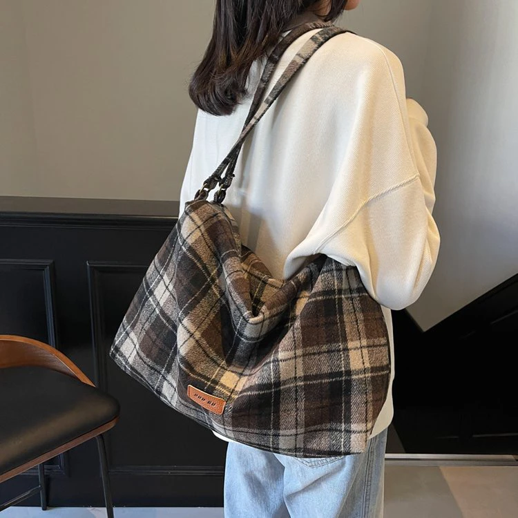 复古格纹毛呢大容量单肩包腋下包日韩文艺复古秋冬