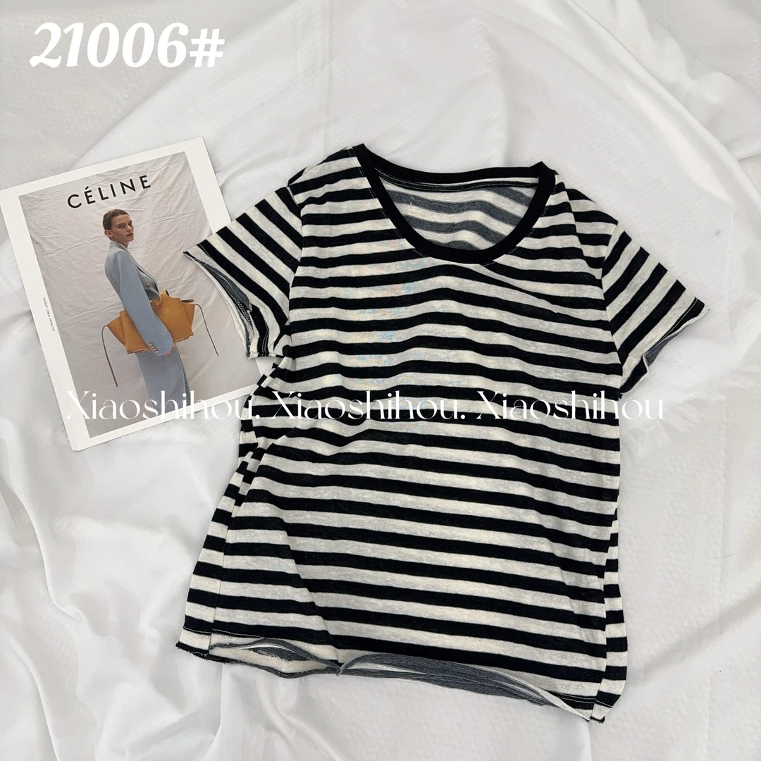 小时候女装店休闲条纹纯色t恤21006
