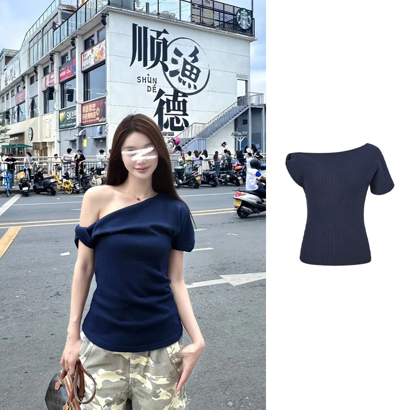 Moses Queen/魔西女王时髦凉感华夫格斜肩短袖t恤修身收腰上衣女