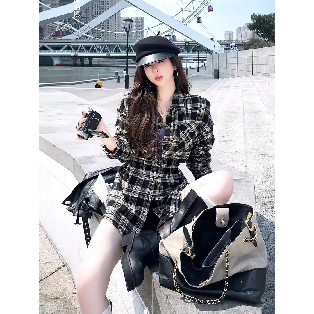 亚麻娃娃衫夏季春秋格子短款拼接长袖修身型休闲风外套小众宽松