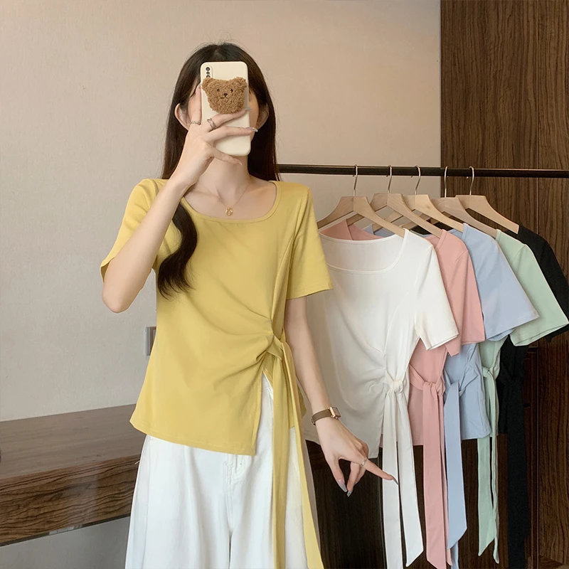 A时尚夏新胖mm大码女法式U领不规则绑带别致短袖T恤开叉气质上衣