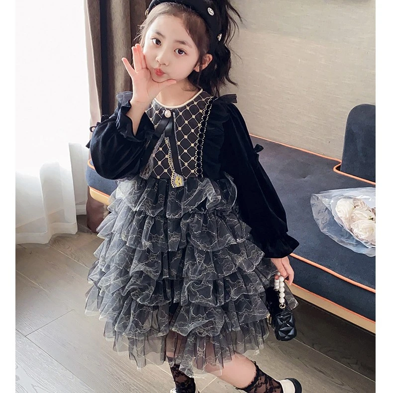 女童黑灰气质蛋糕裙加绒秋冬公主裙小香风连衣裙