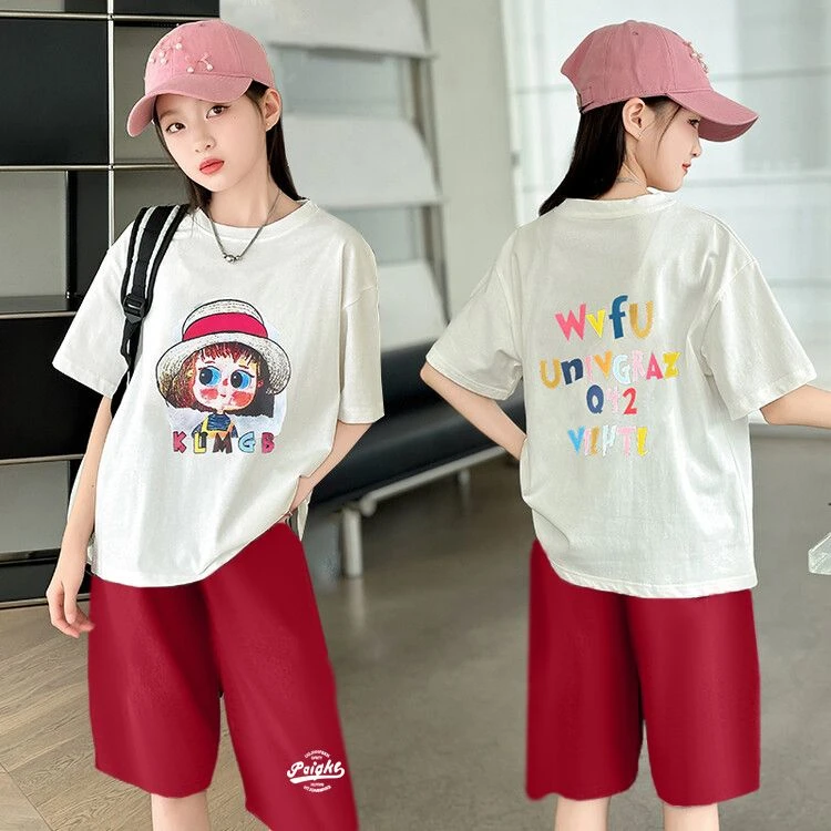 女童纯棉短袖套装卡通休闲T恤中大童女孩夏装百搭圆领上衣五分裤