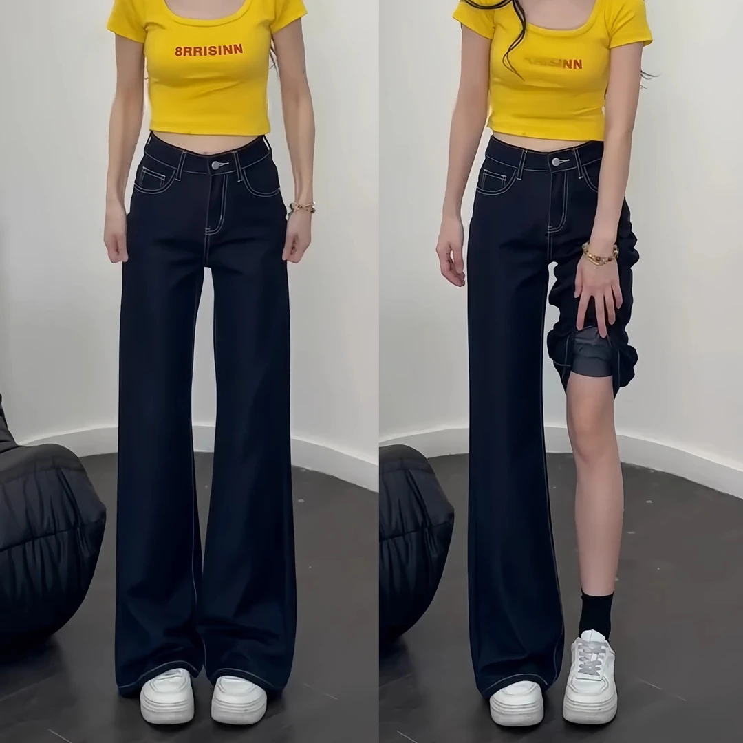 深蓝色不贴腿微喇叭牛仔裤女天丝夏薄款小个子高腰垂感阔腿裤子