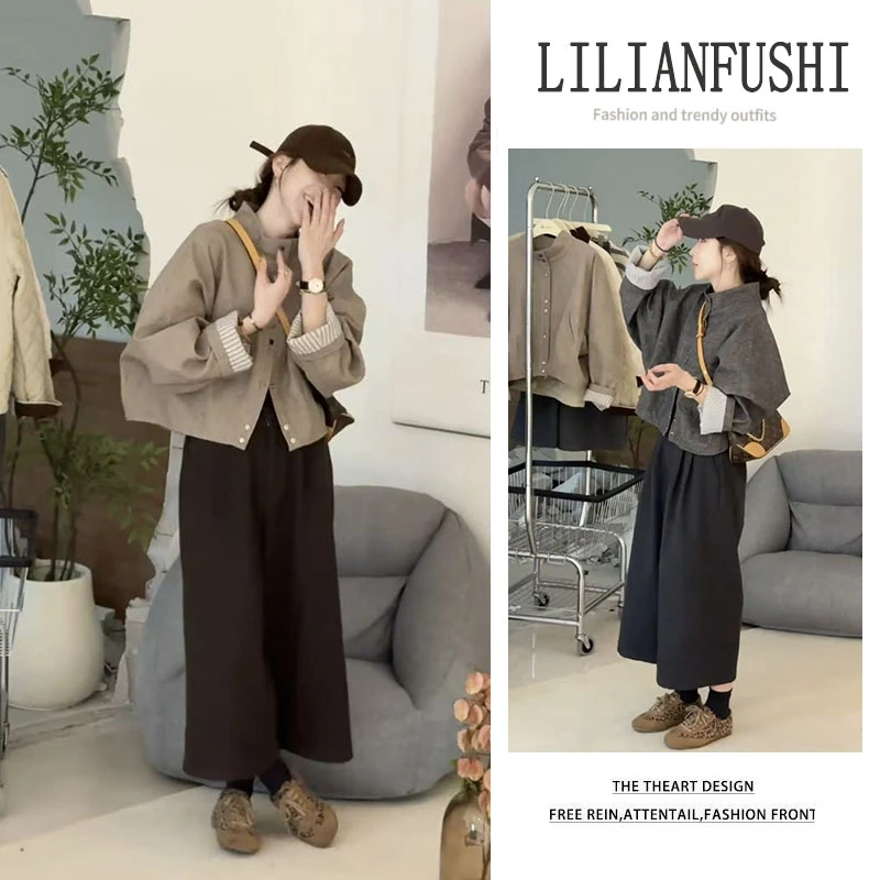 今年流行穿搭一整套2025新款宽松长袖立领外套显瘦阔腿裤两件套女