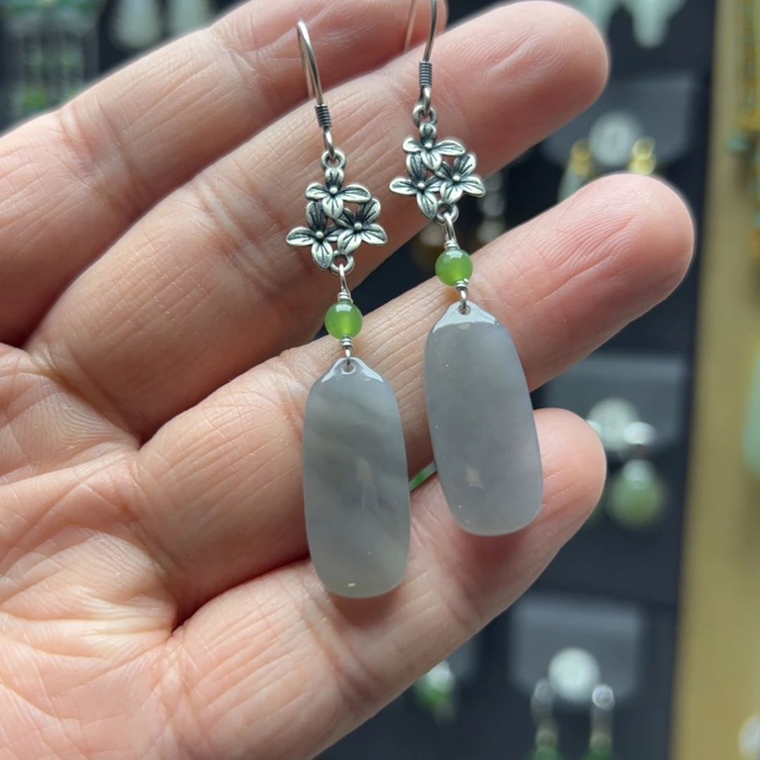 和田玉银S925镶嵌耳饰