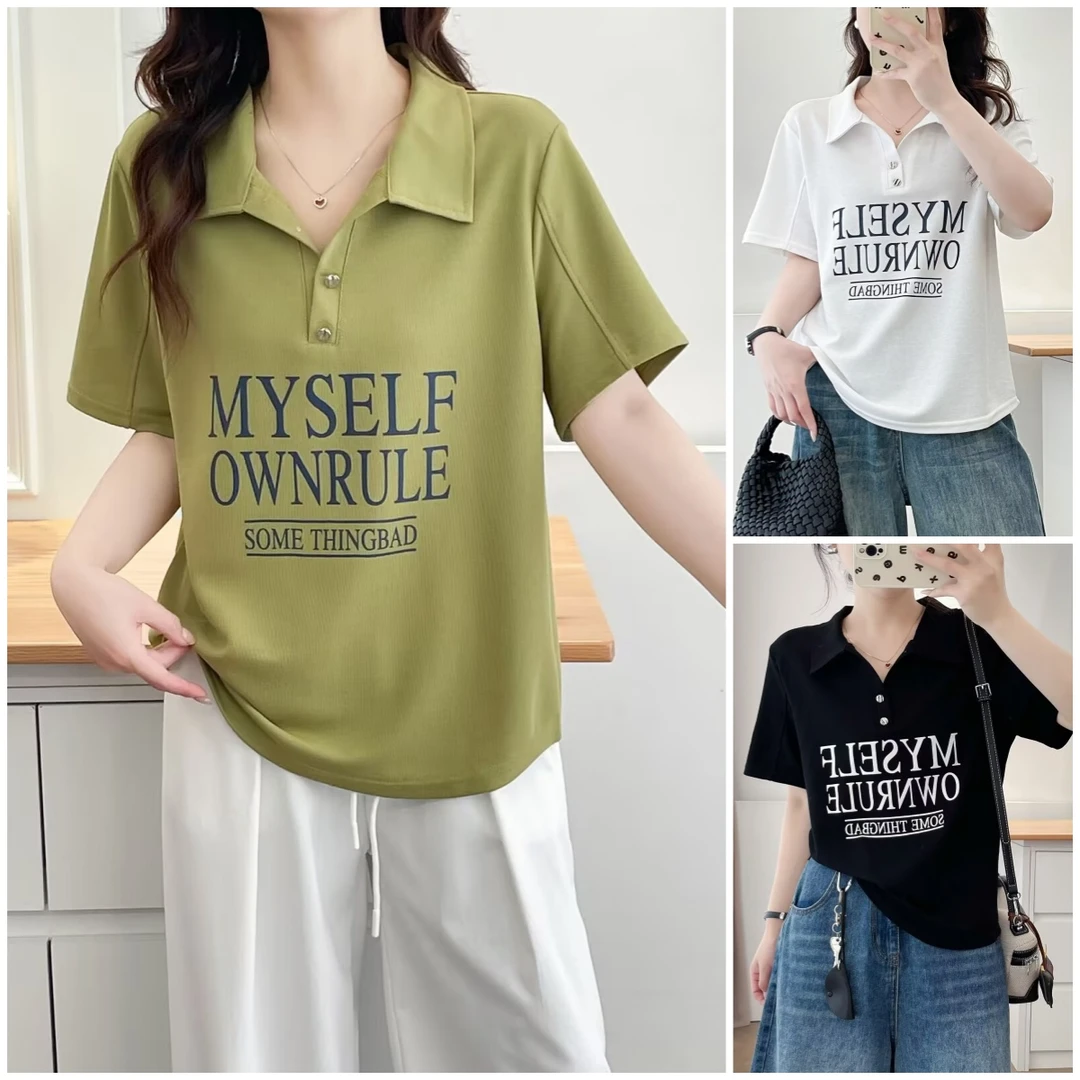 大码短袖POLO领T恤女减龄夏季半袖韩版ol百搭翻领