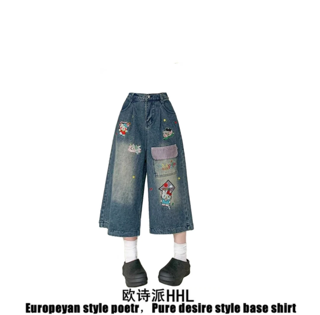 美式设计感卡通贴布口袋牛仔裤女2025夏薄款显瘦阔腿裤宽松七分裤