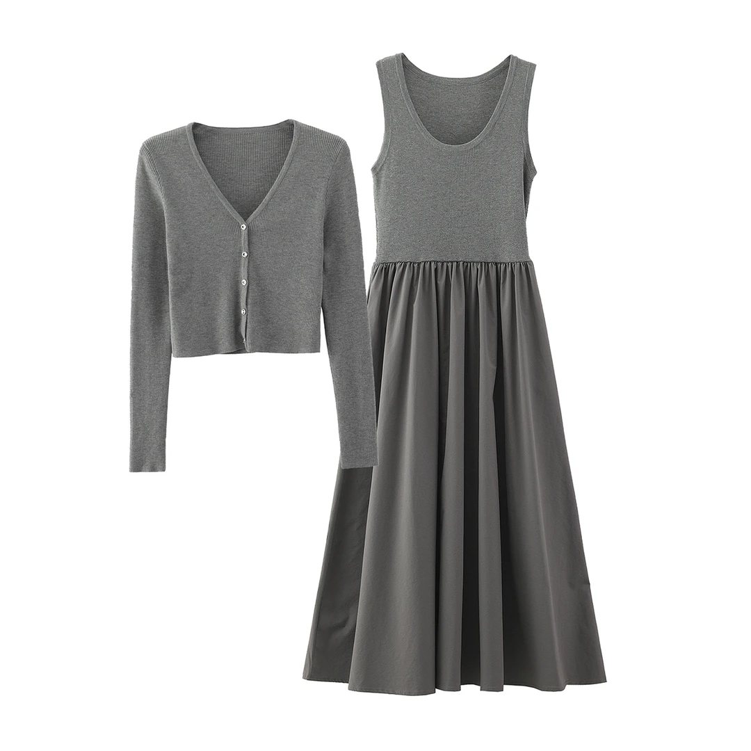 潮牌【魔M】叠穿坎肩针织毛衣+无袖拼接高腰裙套装春装品牌撤柜女