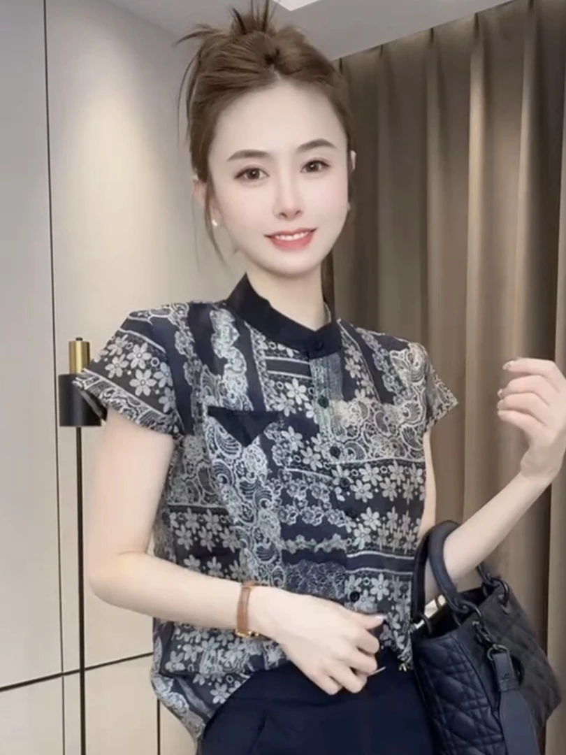 印染薄款常规碎花夏季纽扣衬衫t恤小衫百搭显瘦上衣修身