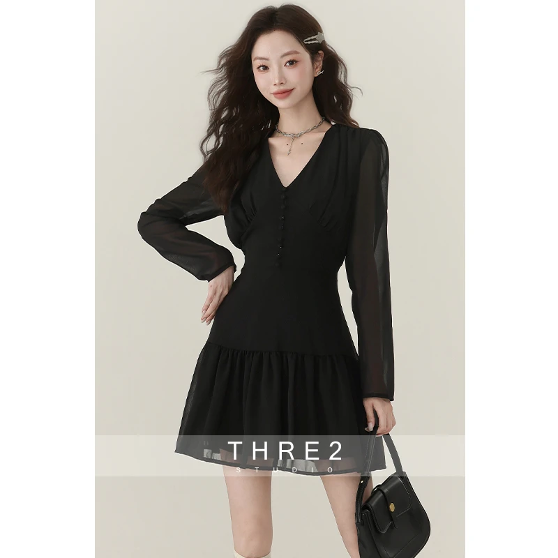 三寸藕【雾都恋人】黑色v领长袖雪纺连衣早秋修身收腰a字裙子3770